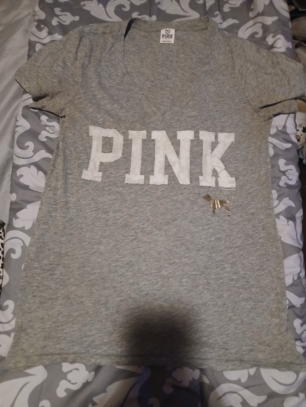 SOLD V- PINK Victoria's Secret Gray V‑Neck Tee with White Logo and Gold Accent